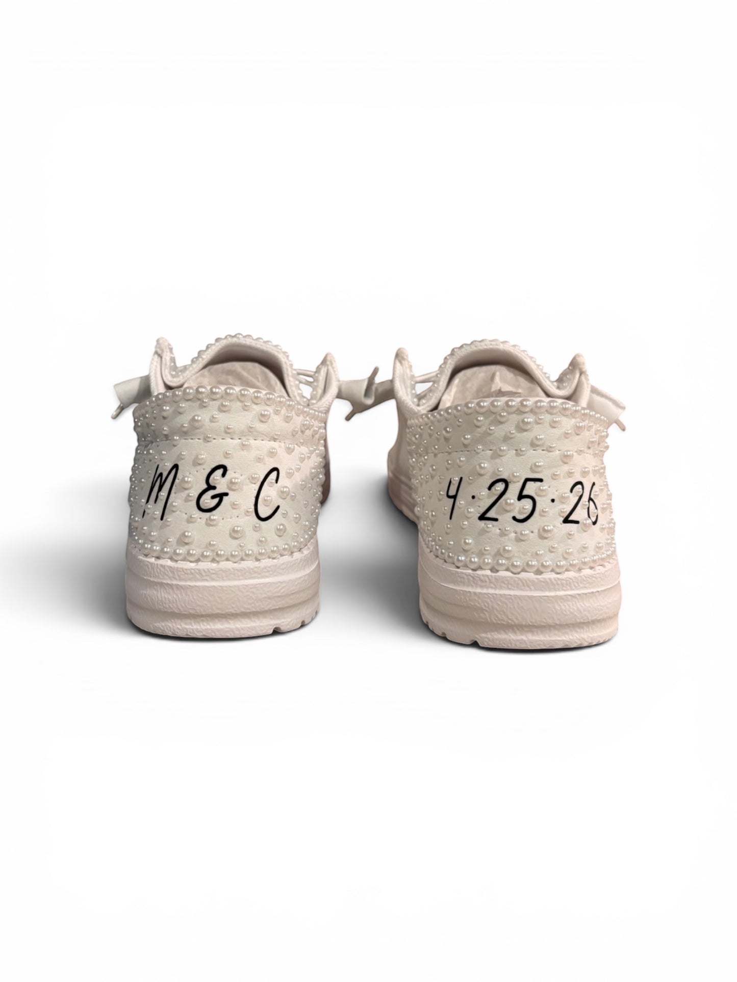Fiveever & Always Custom white bridal loafers featuring hand-applied pearls and personalized date and initials