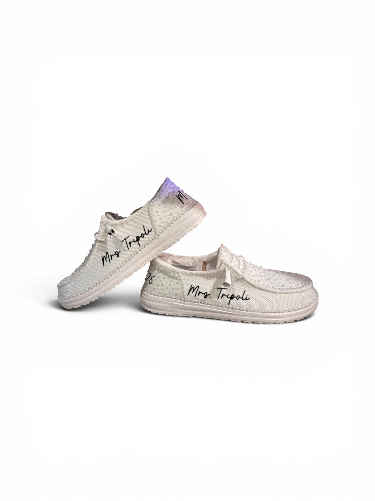 Fiveever & Always Custom white bridal pearl loafers with personalized Mrs. Tripoli script on lightweight fabric shoes.