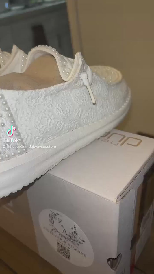 Custom Wedding/Pearl Lace Dude Shoes - Perfect Bridal shower gift, Anniversary gift, Christmas Gift, Gift for her, and more